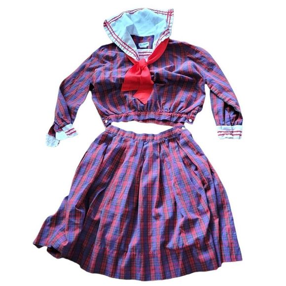 Vintage Jayne Copeland Plaid Red Blue Sailor Style Top w/Matching Retro Skirt